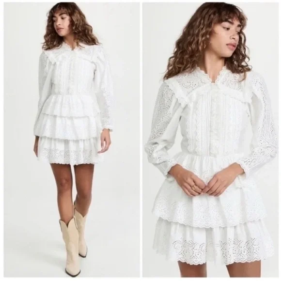 Ulla Johnson Aster Long Sleeve Tiered Ruffle Mini Dress White - Picture 2 of 12